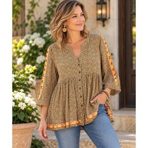 Ivy Jane Size Large Floral Boho Tunic Top Embroidered Trim Button Front Rayon